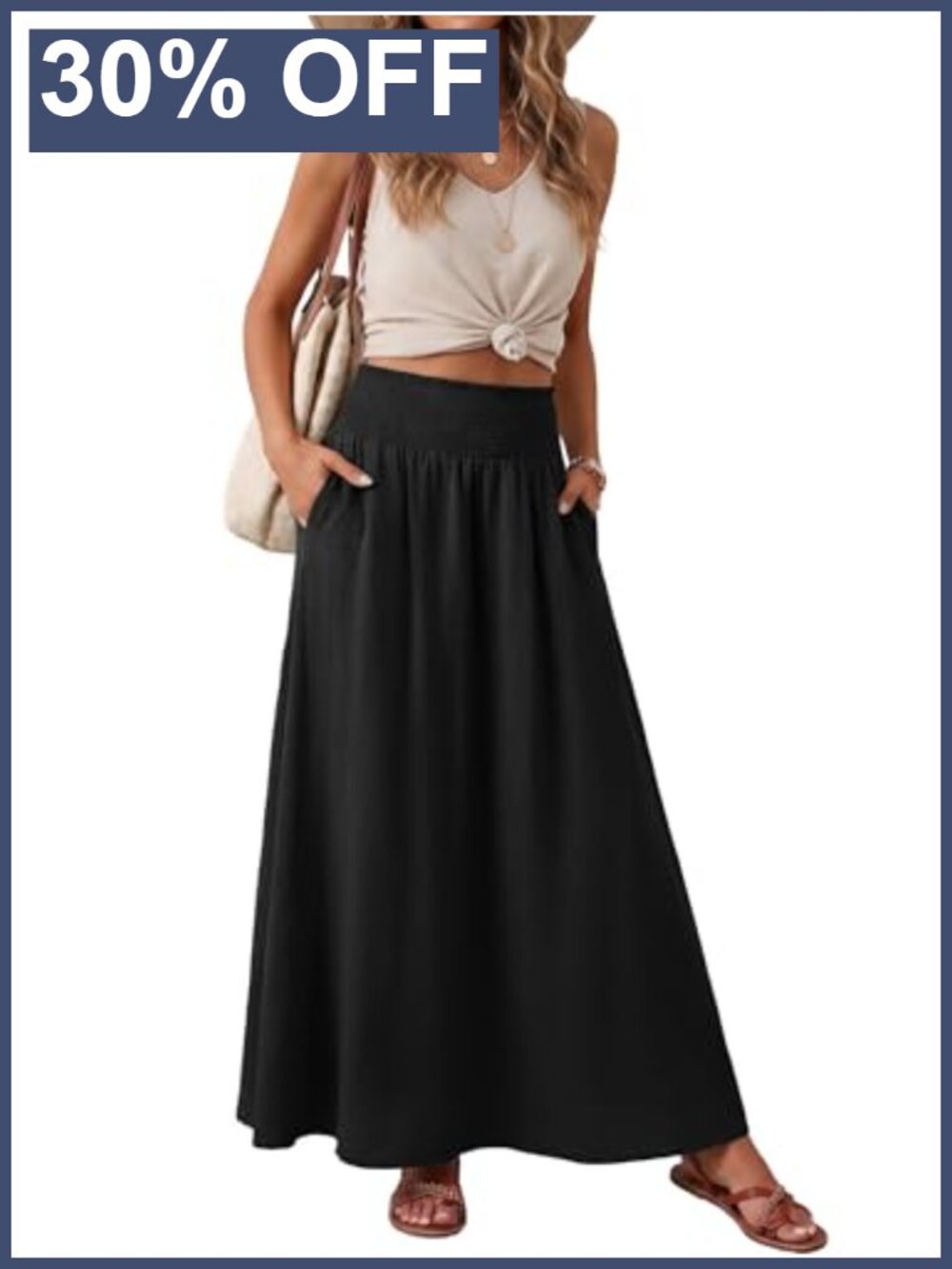 Maxi Skirt for Women Smocked High Waist Flowy Boho Beach Long Skirt with Pockets